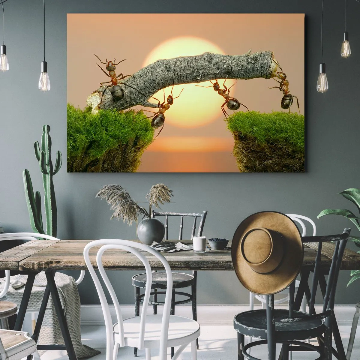 Cuadro sobre lienzo - Impresión de Imagen - Hormigas construyendo un puente de ramas con el sol poniente como telón de fondo. - 120x80cm - Trabajar juntos con alegría - Decoración de pared moderna para salón y dormitorio ARTTOR