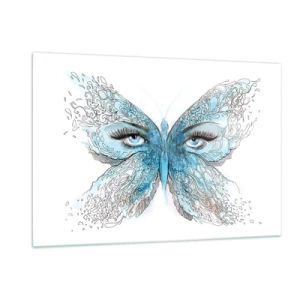 Cuadro sobre vidrio - Impresiones sobre Vidrio - Una mariposa con alas azules y ojos humanos en un estilo artístico. - 120x80cm - Mirada de mariposa - Decoración de pared moderna para salón y dormitorio ARTTOR