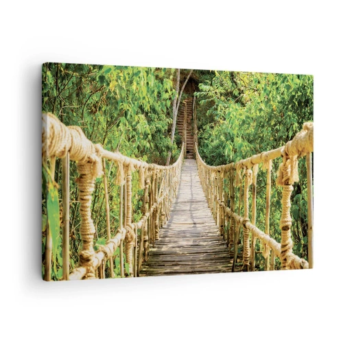 Cuadro sobre lienzo - Impresión de Imagen - Un puente colgante en un bosque tropical lleno de vegetación. - 70x50cm - Suspendido en verde - Decoración de pared moderna para salón y dormitorio ARTTOR