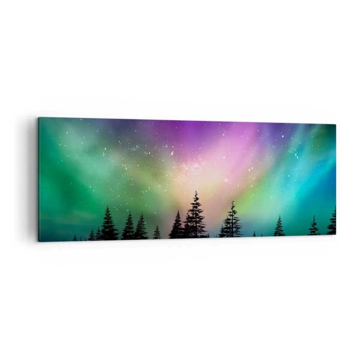 Cuadro sobre lienzo - Impresión de Imagen - Aurora boreal sobre un bosque con cielo estrellado - 140x50cm - Magia blanca - Decoración de pared moderna para salón y dormitorio ARTTOR