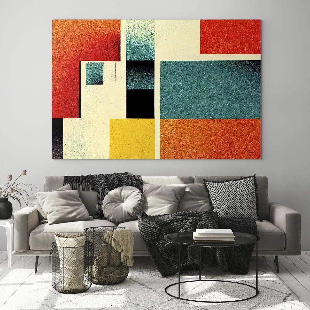 Cuadro sobre vidrio - Impresiones sobre Vidrio - Rectángulos geométricos coloridos en estilo retro - 70x50cm - Abstracción geométrica - buena energía - Decoración de pared moderna para salón y dormitorio ARTTOR