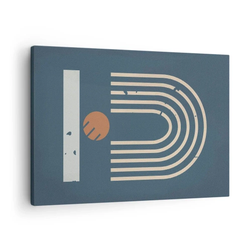 Cuadro sobre lienzo - Impresión de Imagen - Patrón geométrico en tonos azul marino, beige y naranja sobre un fondo oscuro. - 70x50cm - Geometría sobre azul marino - Decoración de pared moderna para salón y dormitorio ARTTOR