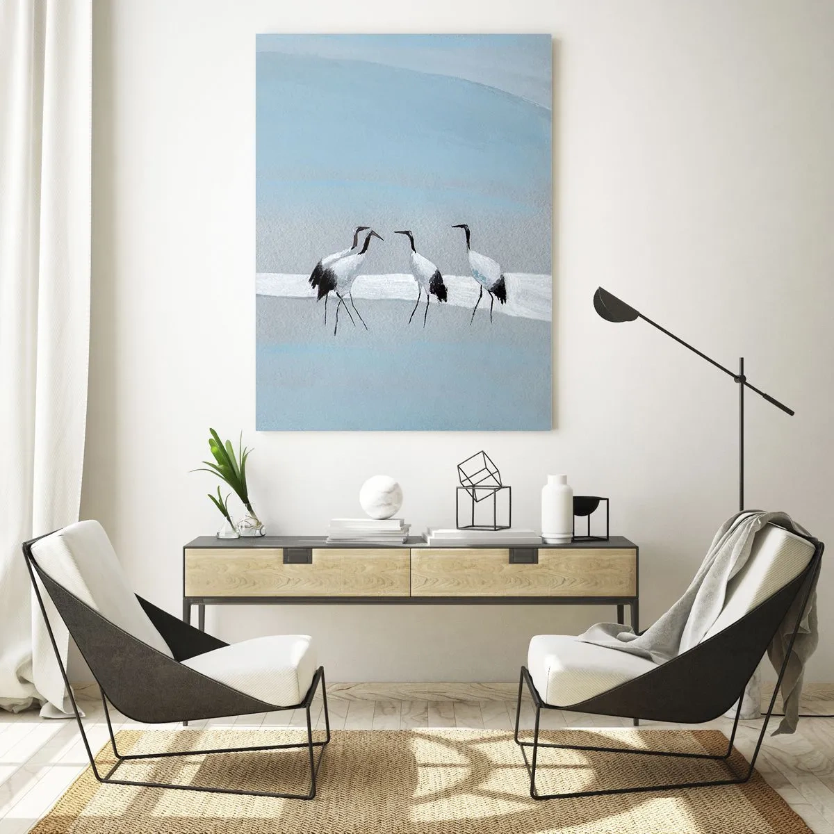 Cuadro sobre vidrio - Impresiones sobre Vidrio - Un grupo de grullas con el telón de fondo de montañas azules y una puesta de sol. - 50x70cm - Después de un día caluroso - Decoración de pared moderna para salón y dormitorio ARTTOR