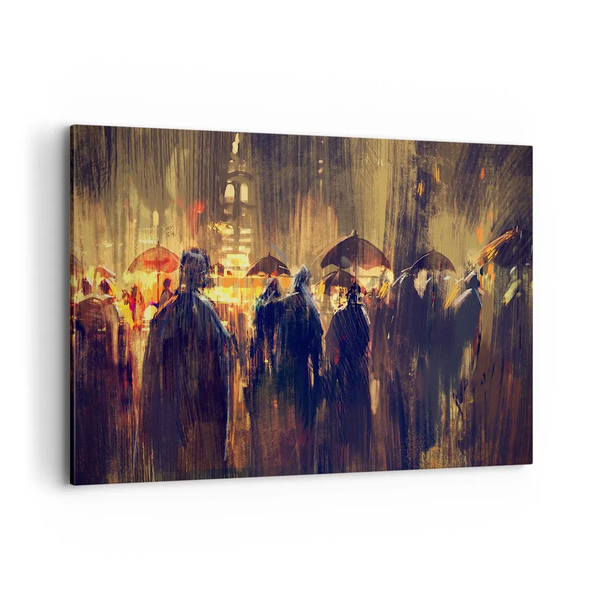 Cuadro sobre lienzo - Impresión de Imagen - Figuras con paraguas en una ciudad lluviosa por la noche - 100x70cm - Seguidores de la lluvia - Decoración de pared moderna para salón y dormitorio ARTTOR