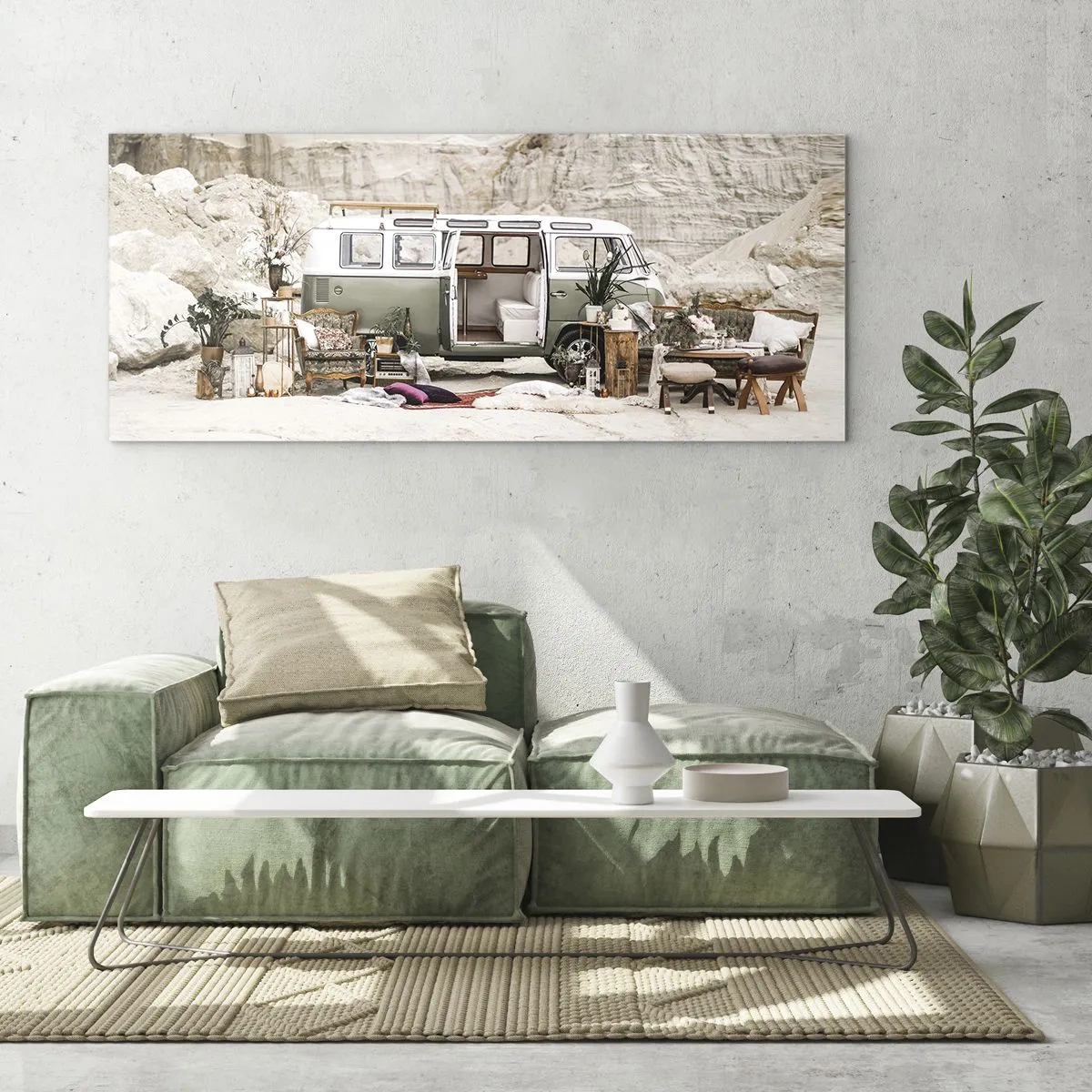 Cuadro sobre vidrio - Impresiones sobre Vidrio - Una caravana retro con diseño boho frente a un paisaje rocoso. - 120x50cm - Hora de empezar el viaje - Decoración de pared moderna para salón y dormitorio ARTTOR