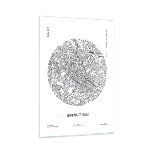 Cuadro sobre vidrio - Impresiones sobre Vidrio - Un mapa minimalista en blanco y negro de Birmingham con detalles precisos. - 80x120cm - Anatomía de Birmingham - Decoración de pared moderna para salón y dormitorio ARTTOR