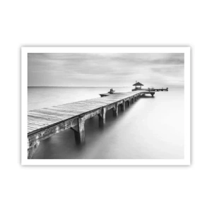 Póster - Una vista en blanco y negro de un muelle de madera sobre aguas tranquilas. - 100x70cm - Lejos - Decoración de pared moderna para salón y dormitorio ARTTOR