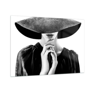 Cuadro sobre vidrio - Impresiones sobre Vidrio - Mujer elegante vestida de negro con un sombrero que le cubre la cara. - 100x70cm - Belleza oculta - Decoración de pared moderna para salón y dormitorio ARTTOR