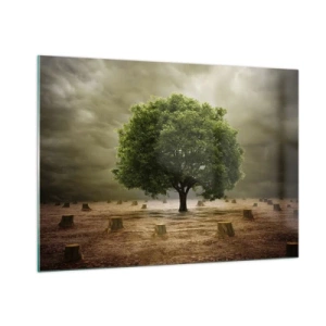 Cuadro sobre vidrio - Impresiones sobre Vidrio - Un árbol verde rodeado de troncos contra un cielo sombrío. - 100x70cm - La esperanza - Decoración de pared moderna para salón y dormitorio ARTTOR