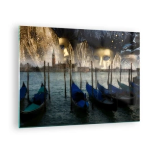 Cuadro sobre vidrio - Impresiones sobre Vidrio - Venecia con góndolas y máscaras de carnaval - 70x50cm - El tiempo de carnaval ha comenzado - Decoración de pared moderna para salón y dormitorio ARTTOR