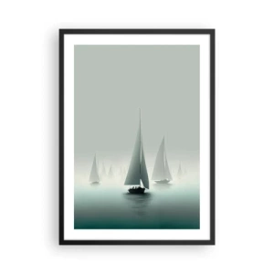Póster en marco negro - Un grupo de veleros navegando en un mar brumoso, rodeado de aguas tranquilas. - 50x70cm - Día de niebla en alta mar - Decoración de pared moderna para salón y dormitorio ARTTOR