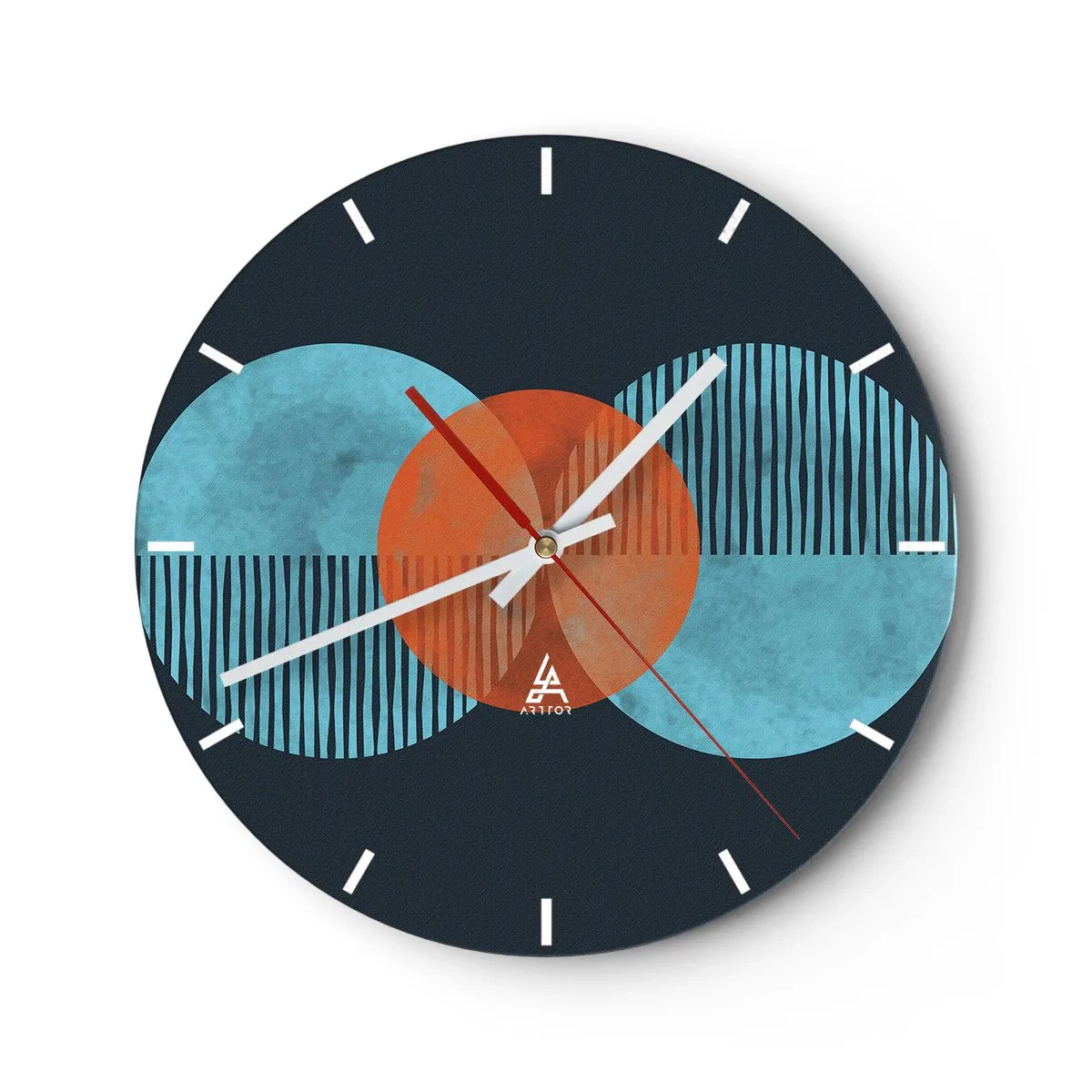 Reloj de pared - Reloj de vidrio - Una composición abstracta de círculos y líneas en tonos azules y naranjas. - 30x30cm - Composición simétrica - Decoración de pared moderna para salón, cocina y dormitorio ARTTOR