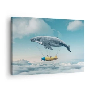 Cuadro sobre lienzo - Impresión de Imagen - Una ballena voladora transporta un avión en un entorno surrealista. - 70x50cm - ¿Por qué no? - Decoración de pared moderna para salón y dormitorio ARTTOR