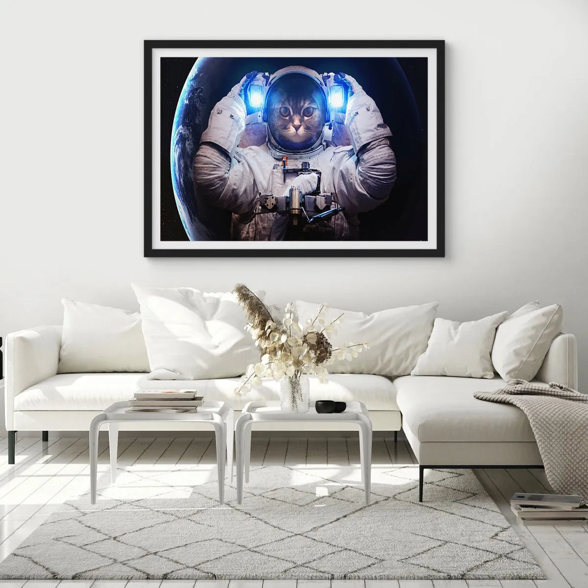 Póster en marco negro - Un gato en un traje de astronauta con la Tierra al fondo y una luz brillante. - 100x70cm - Houston, tienes un problema. - Decoración de pared moderna para salón y dormitorio ARTTOR