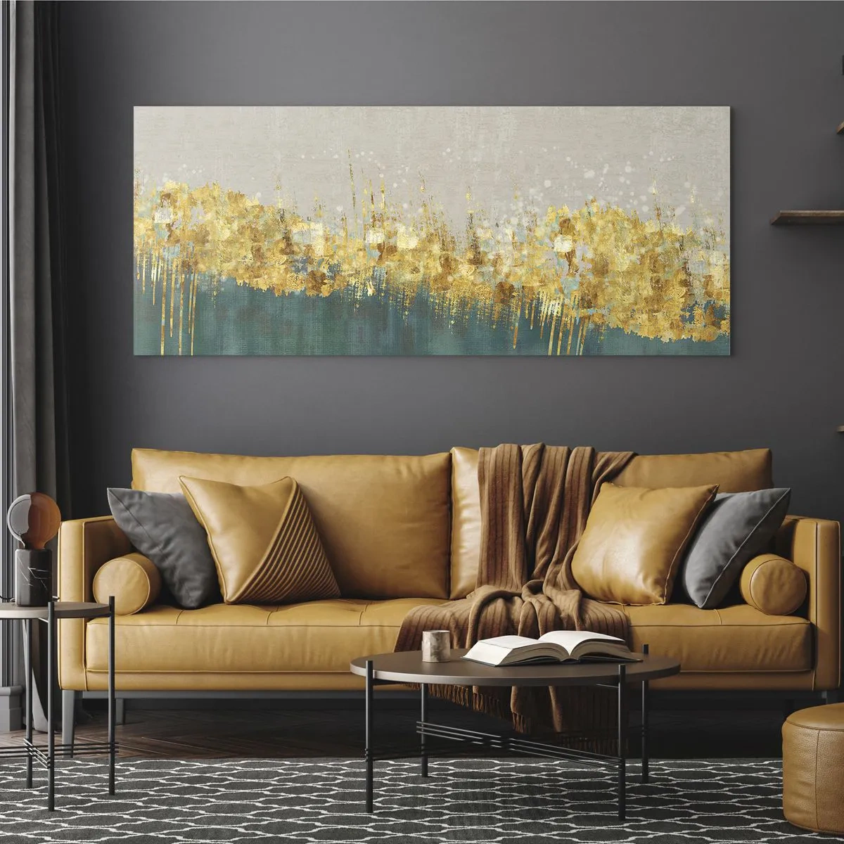 Cuadro sobre vidrio - Impresiones sobre Vidrio - Acentos dorados sobre un fondo verde-beige. - 160x50cm - La frontera dorada - Decoración de pared moderna para salón y dormitorio ARTTOR