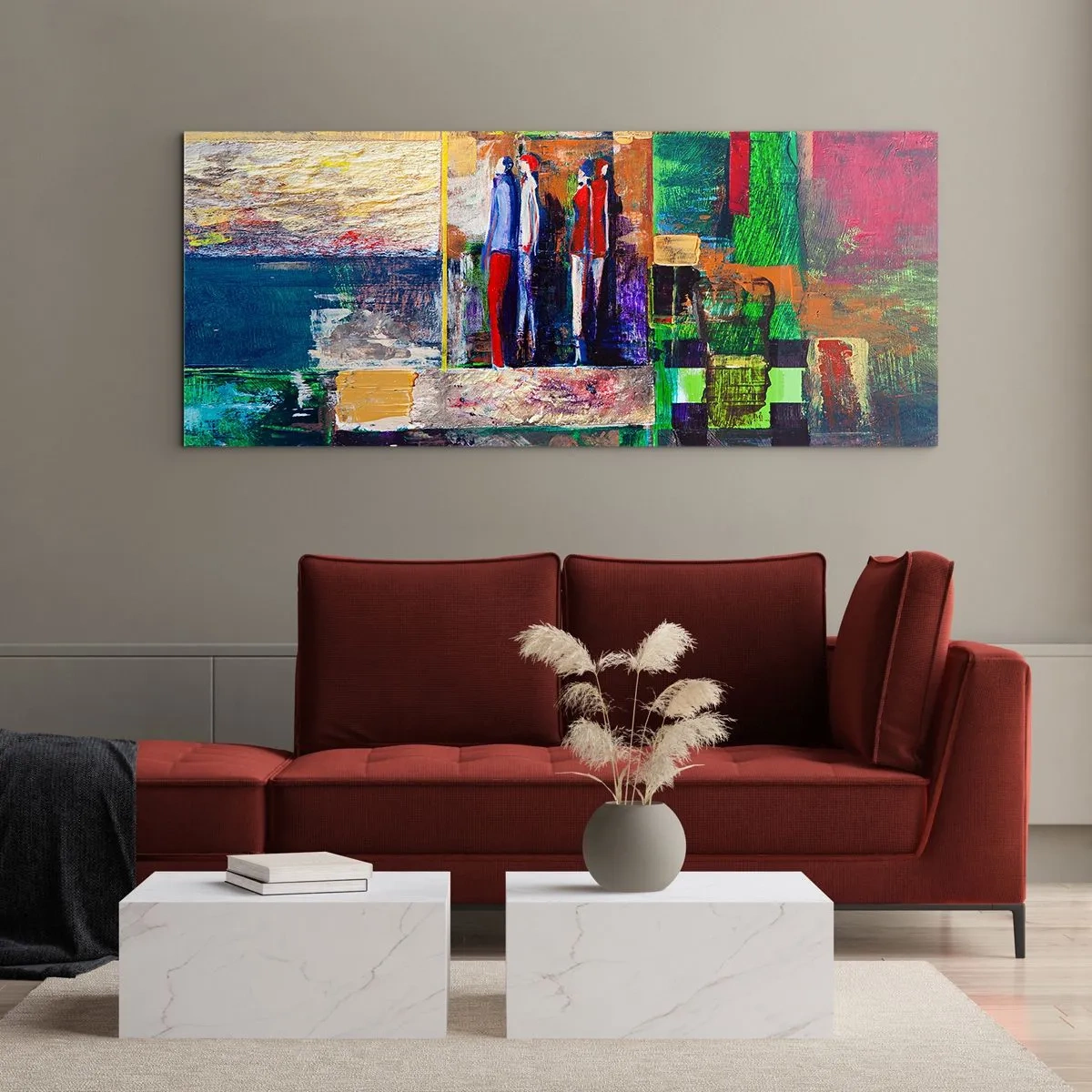 Cuadro sobre vidrio - Impresiones sobre Vidrio - Composición abstracta con figuras y patrones geométricos. - 120x50cm - Relaciones y emociones - Decoración de pared moderna para salón y dormitorio ARTTOR