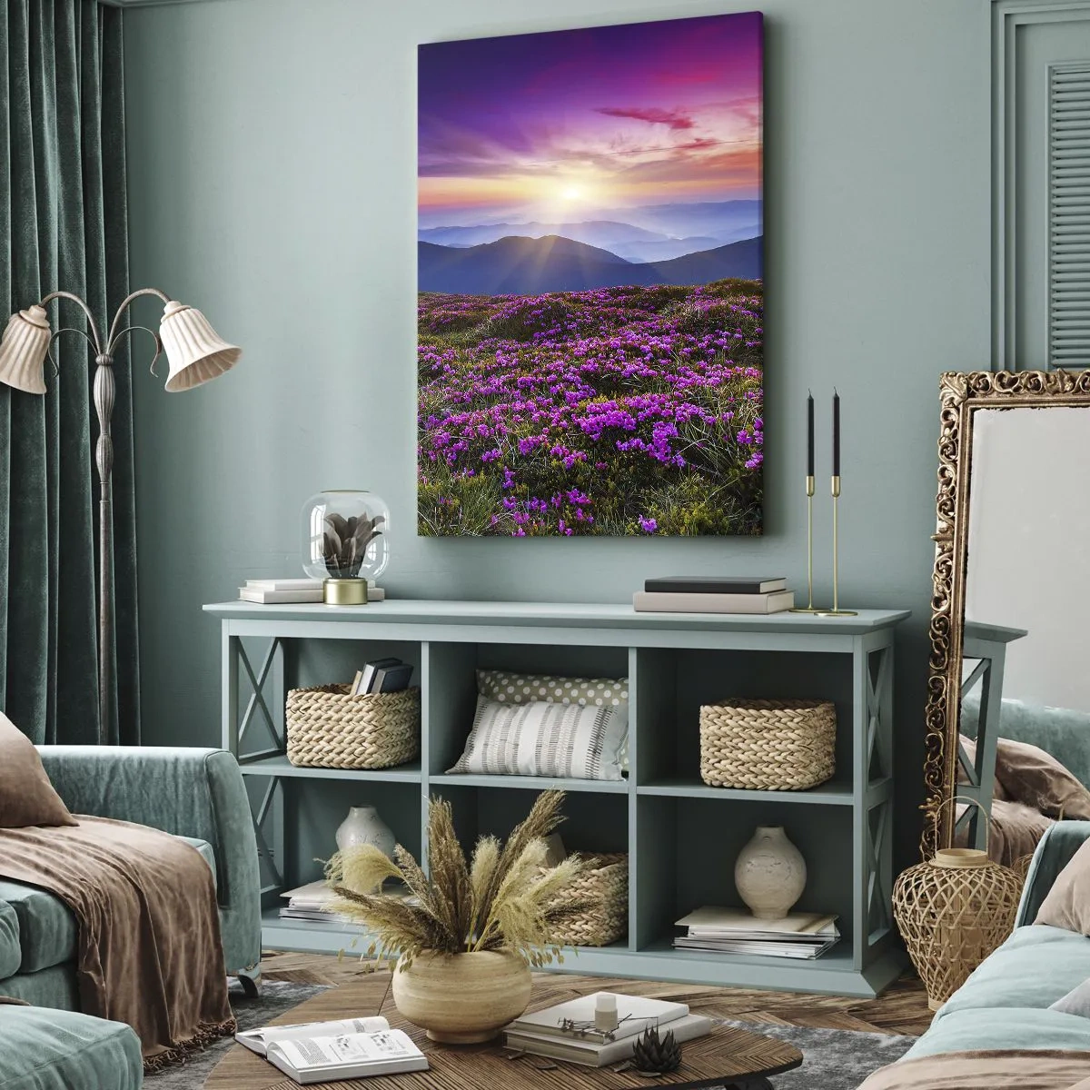 Cuadro sobre lienzo - Impresión de Imagen - Prado de montaña con flores al atardecer - 50x70cm - Dulce aroma a frescura - Decoración de pared moderna para salón y dormitorio ARTTOR