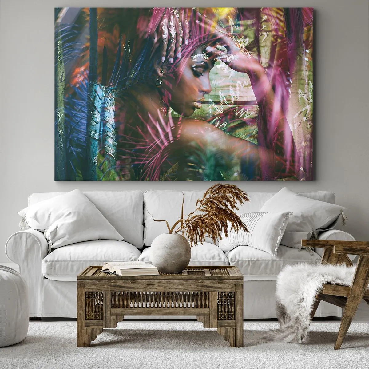 Cuadro sobre lienzo - Impresión de Imagen - Retrato de una mujer rodeada de vegetación exótica. - 100x70cm - La madre naturaleza en la selva - Decoración de pared moderna para salón y dormitorio ARTTOR