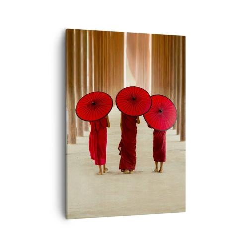 Cuadro sobre lienzo - Impresión de Imagen - Tres monjes con paraguas rojos en la arquitectura tradicional - 50x70cm - En el camino a la Tierra Pura - Decoración de pared moderna para salón y dormitorio ARTTOR