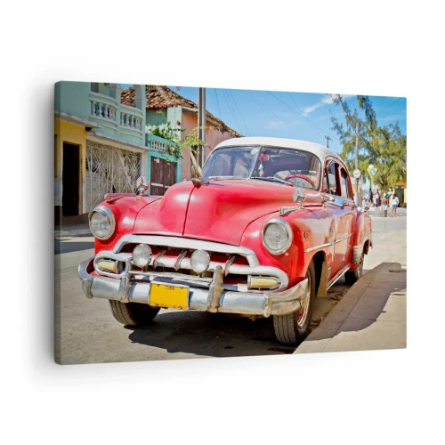 Cuadro sobre lienzo - Impresión de Imagen - Un coche clásico rojo aparcado en la calle en un día soleado. - 70x50cm - Solo en Cuba - Decoración de pared moderna para salón y dormitorio ARTTOR