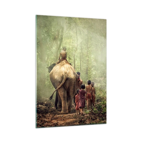 Cuadro sobre vidrio - Impresiones sobre Vidrio - Un elefante en el bosque con niños con trajes tradicionales. - 50x70cm - El nuevo libro de la selva - Decoración de pared moderna para salón y dormitorio ARTTOR
