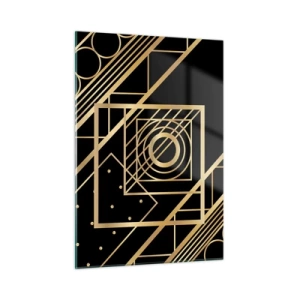 Cuadro sobre vidrio - Impresiones sobre Vidrio - Patrones geométricos dorados sobre un fondo negro - 50x70cm - Geometría dorada - Decoración de pared moderna para salón y dormitorio ARTTOR