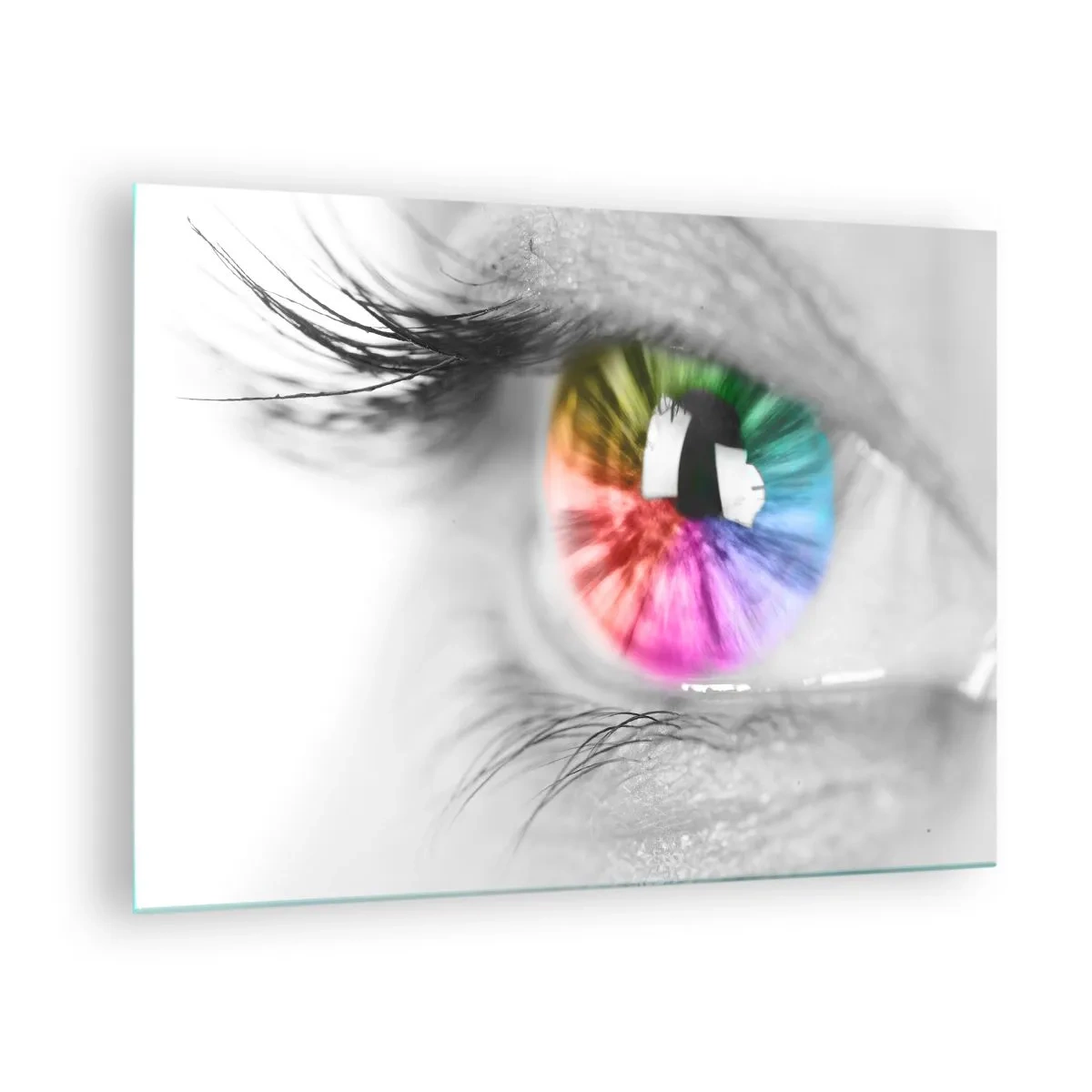 Cuadro sobre vidrio - Impresiones sobre Vidrio - Iris colorido sobre un fondo blanco y negro - 70x50cm - Ver el mundo en color - Decoración de pared moderna para salón y dormitorio ARTTOR