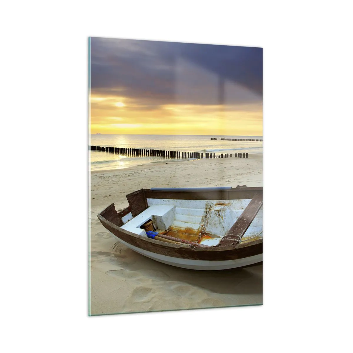 Cuadro sobre vidrio - Impresiones sobre Vidrio - Un barco en una playa de arena al amanecer. - 50x70cm - No hay playas más bonitas - Decoración de pared moderna para salón y dormitorio ARTTOR