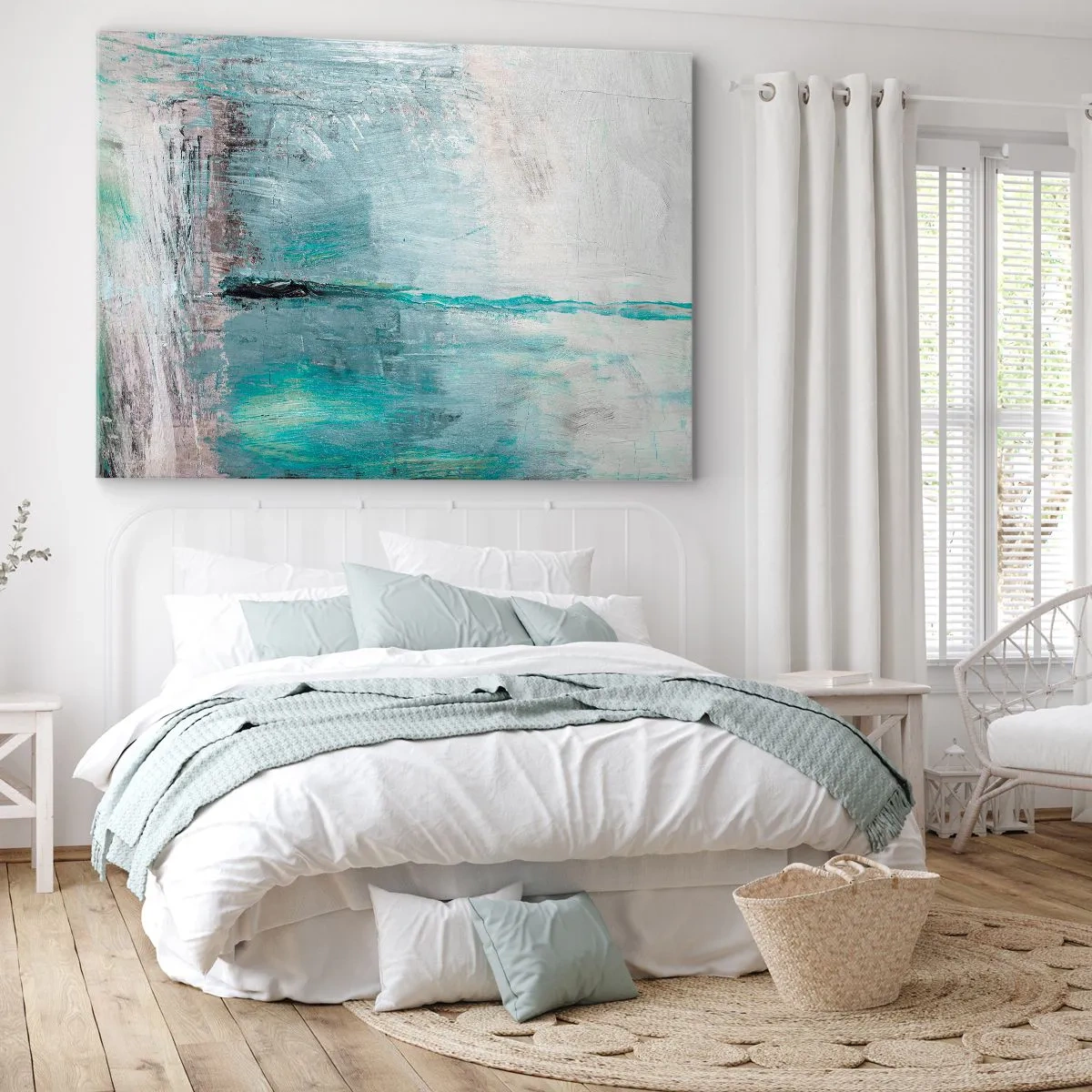 Cuadro sobre lienzo - Impresión de Imagen - Abstracción en tonos turquesa y gris. - 100x70cm - Horizontalmente sobre el azul - Decoración de pared moderna para salón y dormitorio ARTTOR