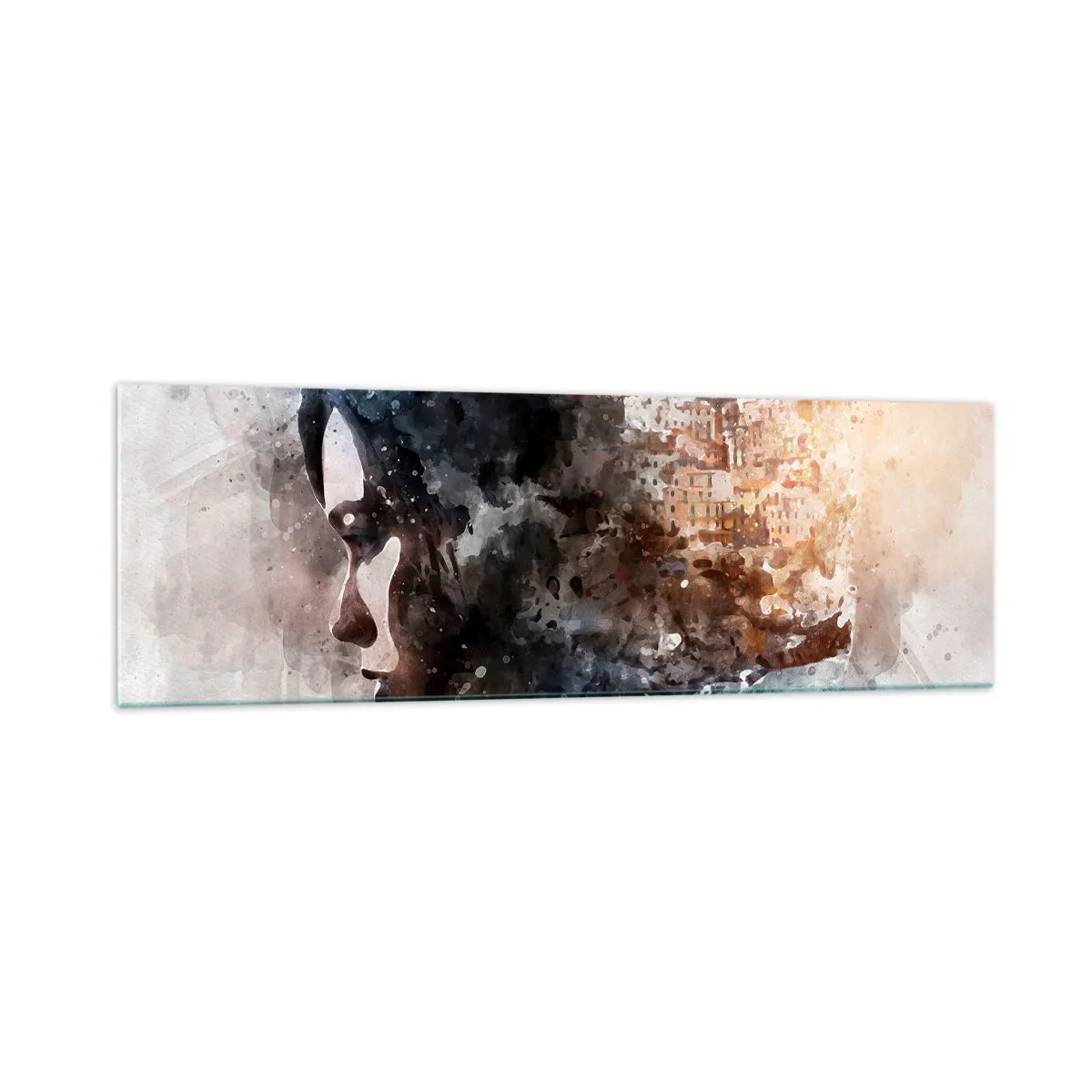 Cuadro sobre vidrio - Impresiones sobre Vidrio - Retrato de una mujer que combina su rostro con un paisaje urbano de fondo. - 160x50cm - Una historia sobre una niña con una ciudad de fondo - Decoración de pared moderna para salón y dormitorio ARTTOR