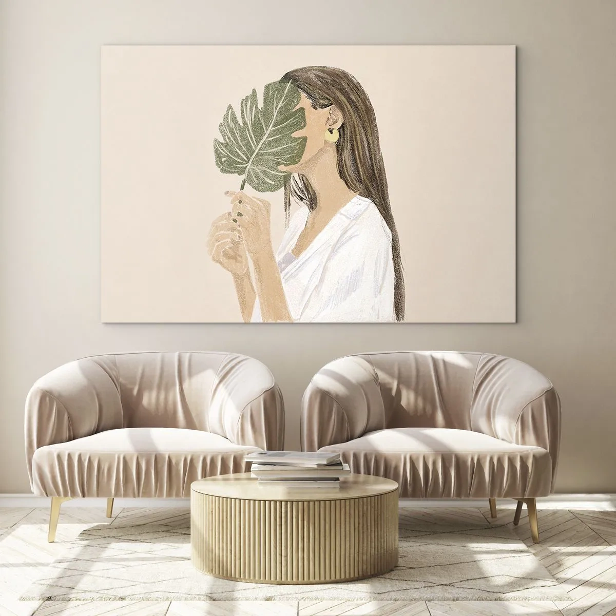 Cuadro sobre vidrio - Impresiones sobre Vidrio - Una mujer con cabello largo sosteniendo una hoja frente a su cara. - 70x50cm - Retrato misterioso con un abanico - Decoración de pared moderna para salón y dormitorio ARTTOR