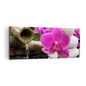 Cuadro sobre lienzo - Impresión de Imagen - Orquídea morada, piedras y bambú con agua en un entorno relajante. - 120x50cm - Ya estás descansando - Decoración de pared moderna para salón y dormitorio ARTTOR