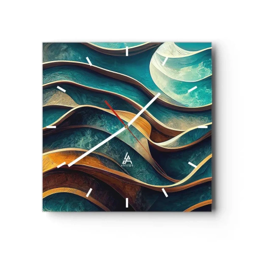 Reloj de pared - Reloj de vidrio - Ondas abstractas en tonos turquesa y dorado - 30x30cm - Meandros de azul - Decoración de pared moderna para salón y dormitorio ARTTOR