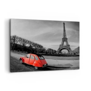 Cuadro sobre lienzo - Impresión de Imagen - Un coche rojo con la Torre Eiffel al fondo en un paisaje en blanco y negro. - 100x70cm - Más parisino que el propio París - Decoración de pared moderna para salón y dormitorio ARTTOR