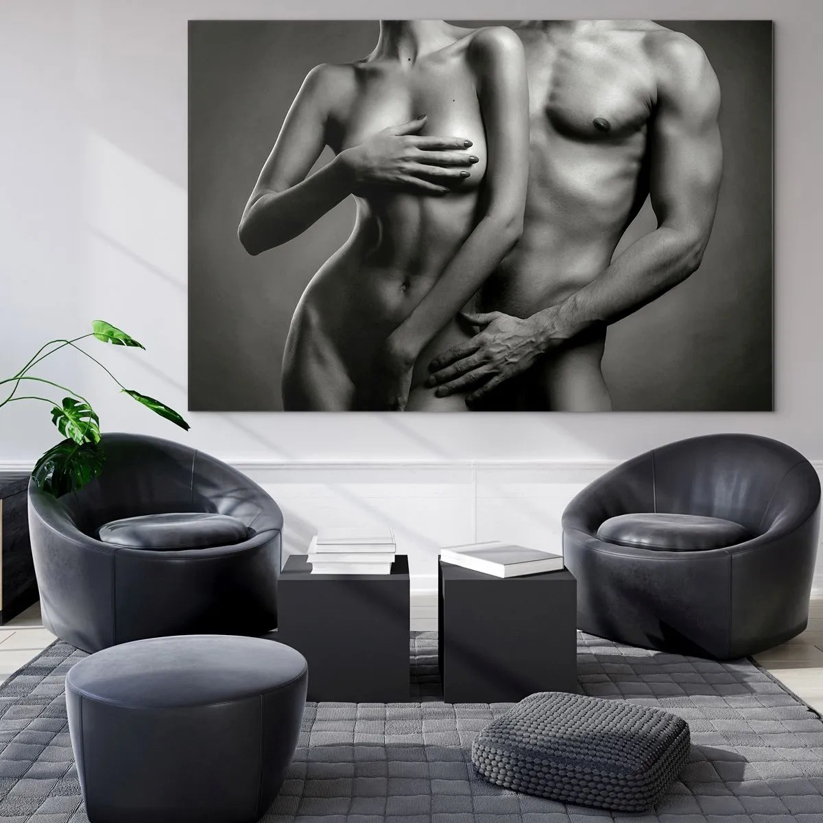 Cuadro sobre vidrio - Impresiones sobre Vidrio - Composición en blanco y negro con siluetas desnudas de una pareja. - 70x50cm - Adán y Eva - Decoración de pared moderna para salón y dormitorio ARTTOR