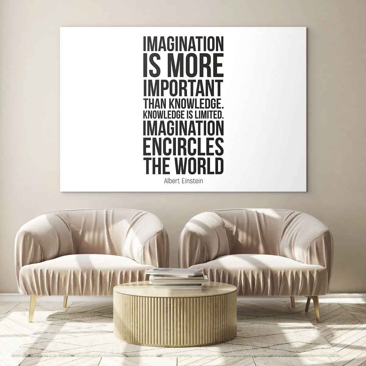 Cuadro sobre vidrio - Impresiones sobre Vidrio - Una cita sobre la imaginación en la tipografía minimalista. - 70x50cm - Einstein, sobre el poder de la imaginación - Decoración de pared moderna para salón y dormitorio ARTTOR