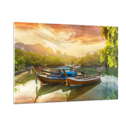Cuadro sobre vidrio - Impresiones sobre Vidrio - Barcos tradicionales en un paisaje tropical al atardecer. - 120x80cm - Antes de un día ajetreado - Decoración de pared moderna para salón y dormitorio ARTTOR