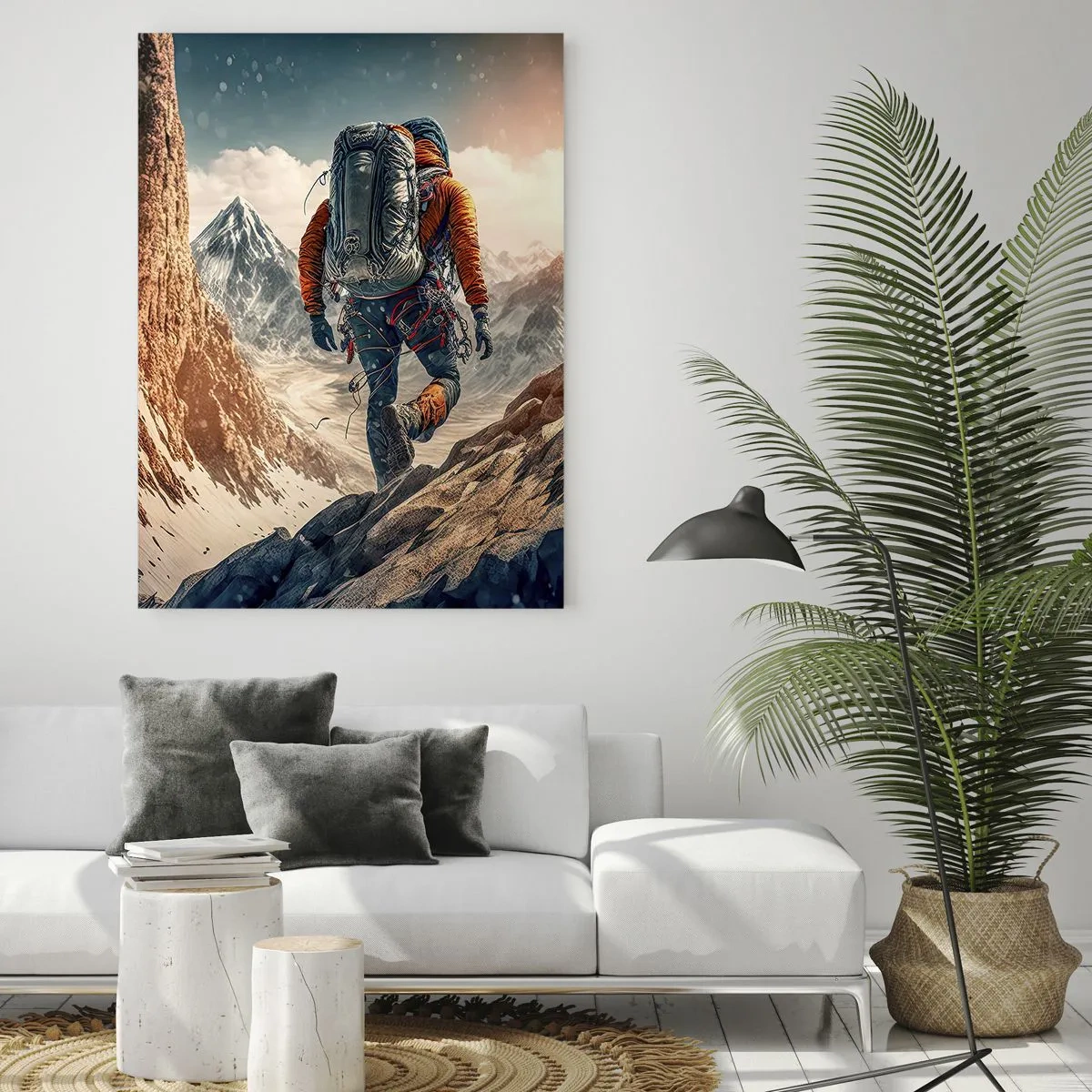 Cuadro sobre vidrio - Impresiones sobre Vidrio - Un excursionista escalando una ladera rocosa y cubierta de nieve. - 50x70cm - Guerrero solitario - Decoración de pared moderna para salón y dormitorio ARTTOR