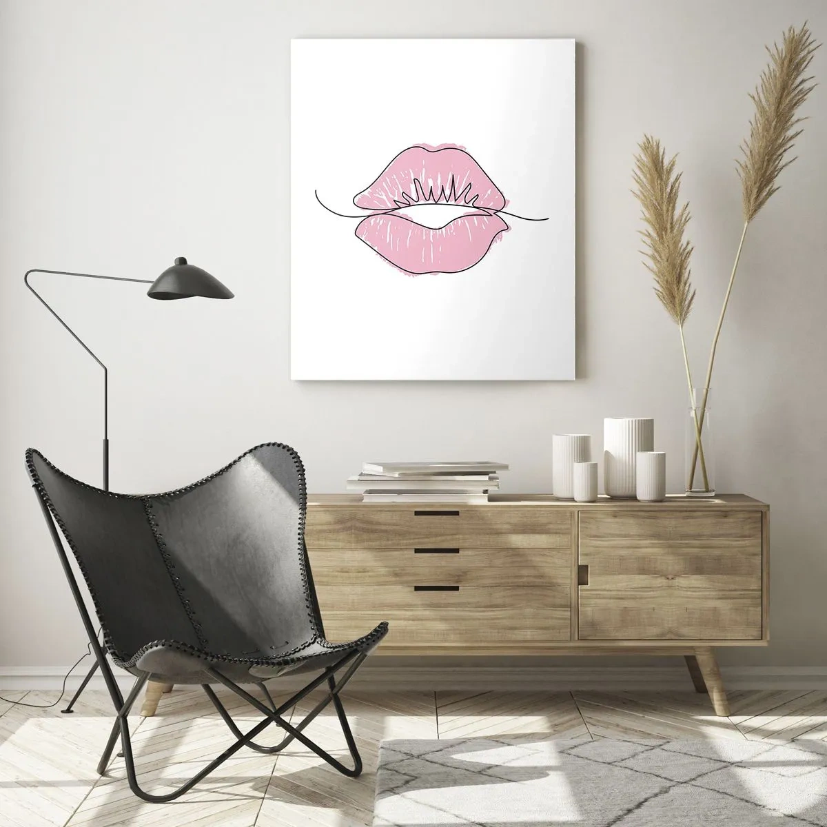 Cuadro sobre vidrio - Impresiones sobre Vidrio - Imagen abstracta de labios en tonos rosa y negro. - 50x70cm - ¿Listo para un beso? - Decoración de pared moderna para salón y dormitorio ARTTOR