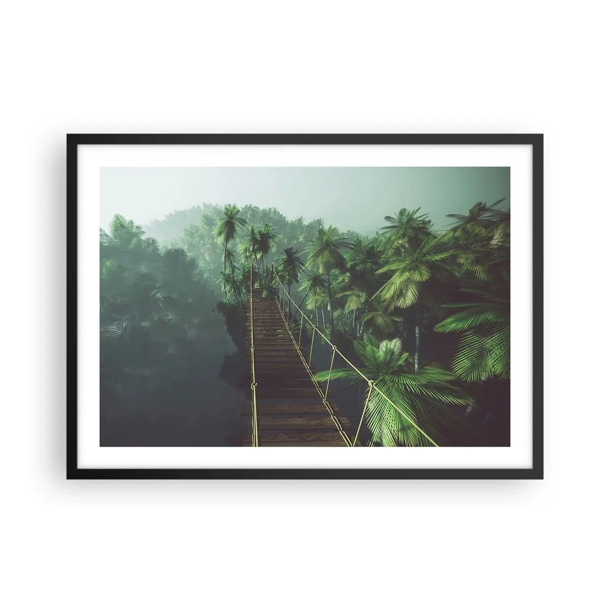 Póster en marco negro - Un puente colgante en un bosque tropical rodeado de niebla. - 70x50cm - Sobre un mar de verde - Decoración de pared moderna para salón y dormitorio ARTTOR