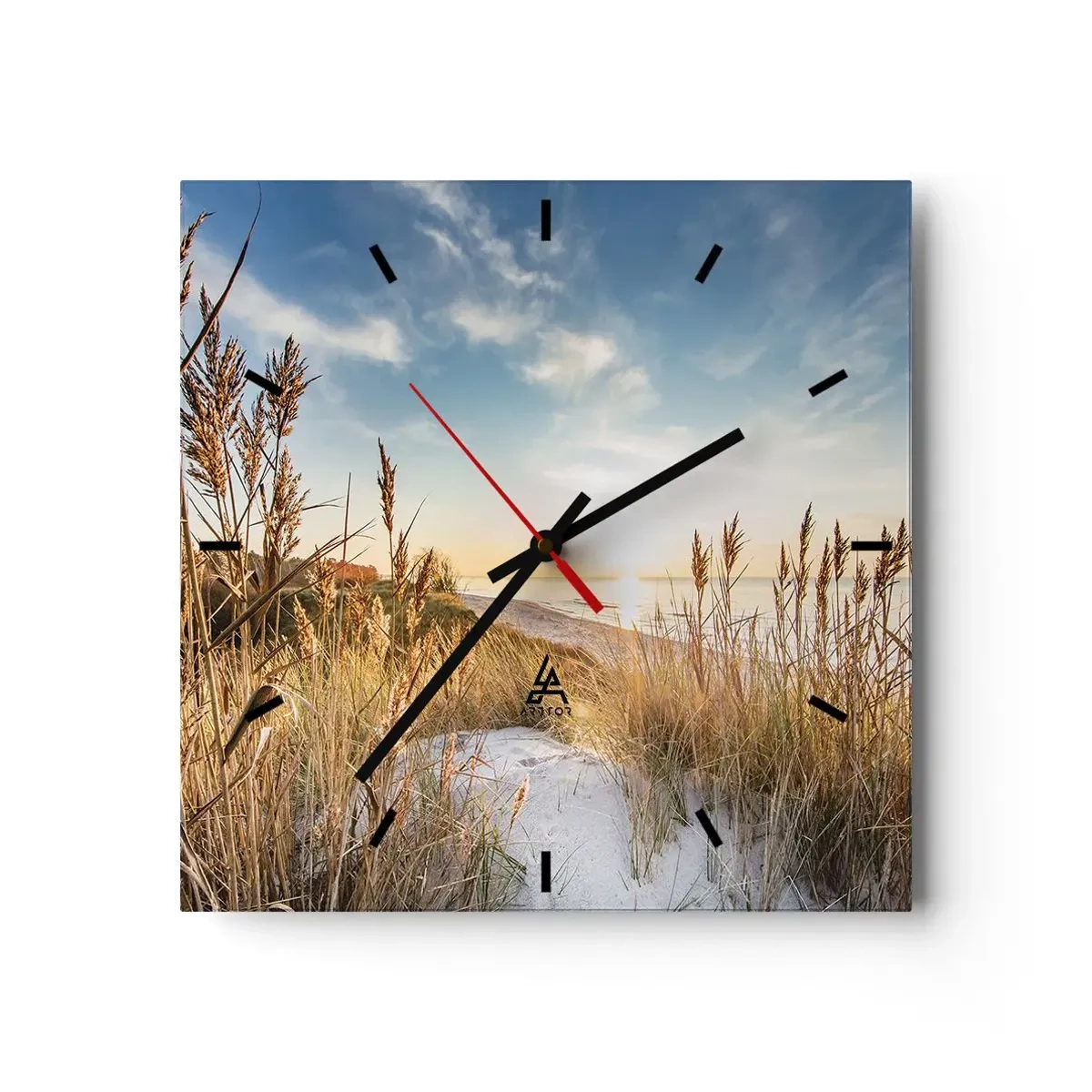 Reloj de pared - Reloj de vidrio - Una playa pintoresca con césped y la puesta de sol. - 30x30cm - Playa del norte - Decoración de pared moderna para salón y dormitorio ARTTOR