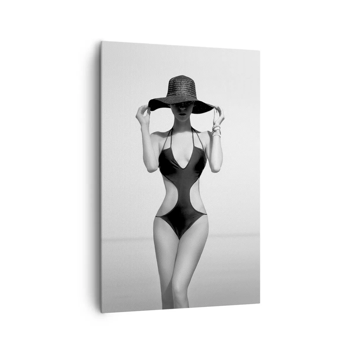 Cuadro sobre lienzo - Impresión de Imagen - Silueta en blanco y negro de una mujer con sombrero contra el fondo del mar. - 80x120cm - Mi nombre es Elegancia - Decoración de pared moderna para salón y dormitorio ARTTOR