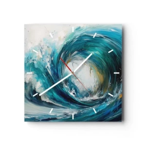 Reloj de pared - Reloj de vidrio - Una ola dinámica en tonos azules y turquesas. - 30x30cm - Portal marino - Decoración de pared moderna para salón y dormitorio ARTTOR