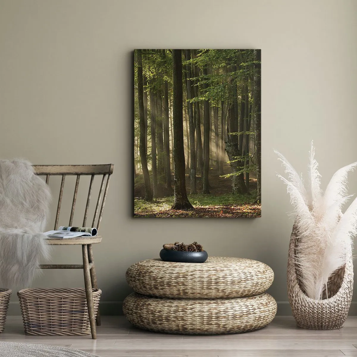 Cuadro sobre lienzo - Impresión de Imagen - Los rayos del sol penetran a través de los árboles en el bosque. - 50x70cm - Radiante en una mañana de primavera - Decoración de pared moderna para salón y dormitorio ARTTOR