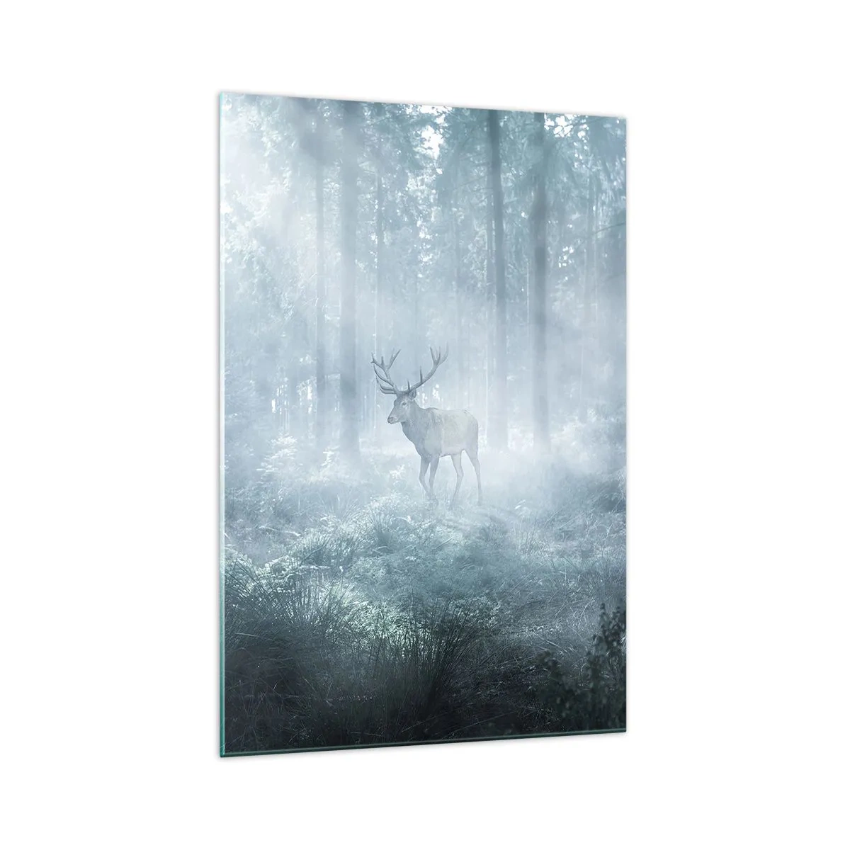 Cuadro sobre vidrio - Impresiones sobre Vidrio - Un ciervo en un bosque denso envuelto en la niebla matutina. - 70x100cm - Ronda matutina por la finca - Decoración de pared moderna para salón y dormitorio ARTTOR