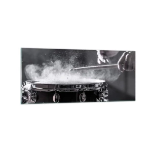 Cuadro sobre vidrio - Impresiones sobre Vidrio - Golpear el tambor con baquetas con efecto de polvo - 120x50cm - El pulso de la música - Decoración de pared moderna para salón y dormitorio ARTTOR
