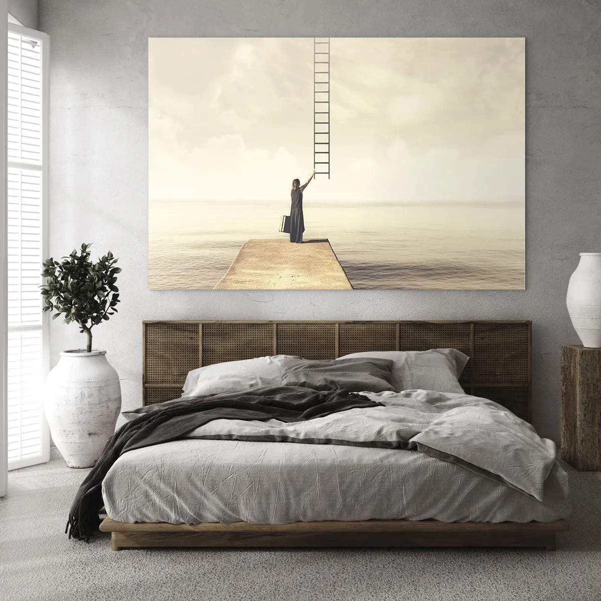 Cuadro sobre vidrio - Impresiones sobre Vidrio - Mujer en un muelle con una escalera que conduce al cielo. - 120x80cm - Un viaje mágico - Decoración de pared moderna para salón y dormitorio ARTTOR