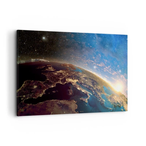 Cuadro sobre lienzo - Impresión de Imagen - Vista de la Tierra desde el espacio al amanecer - 120x80cm - Mirémonos a nosotros mismos desde la distancia - Decoración de pared moderna para salón y dormitorio ARTTOR