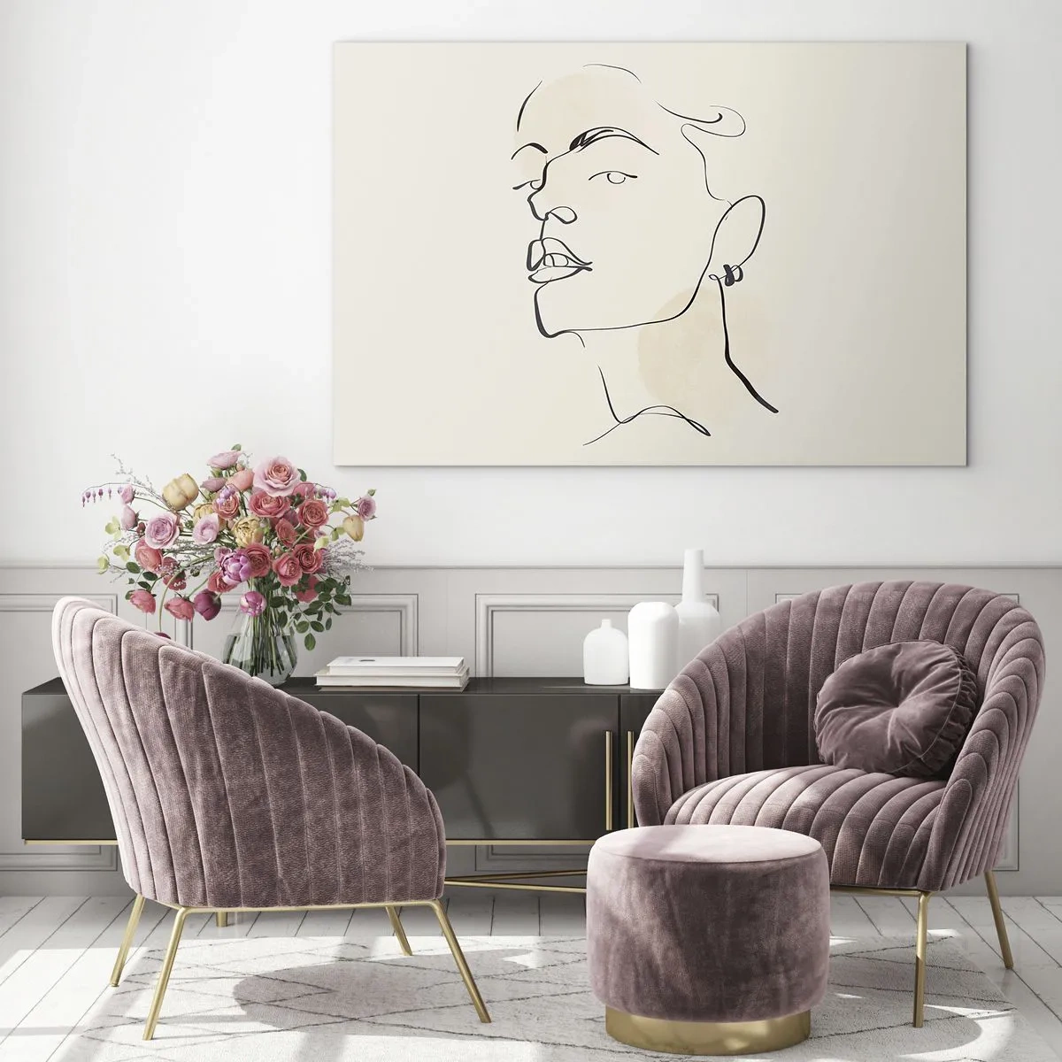 Cuadro sobre vidrio - Impresiones sobre Vidrio - Retrato de una mujer en líneas minimalistas sobre un fondo claro. - 70x50cm - Una mirada orgullosa - Decoración de pared moderna para salón y dormitorio ARTTOR