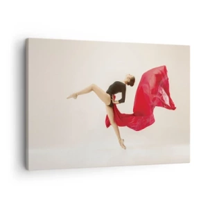 Cuadro sobre lienzo - Impresión de Imagen - Una bailarina dinámica con un traje negro y tela roja en movimiento. - 70x50cm - Rojo y negro - Decoración de pared moderna para salón y dormitorio ARTTOR